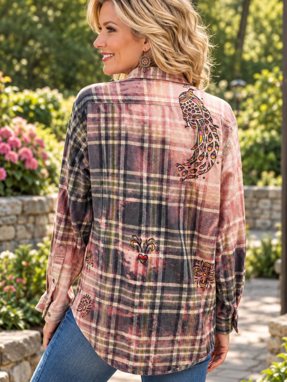 Upcycled Hand Painted Peacock Flannel Shirt - Bleached Pink Green M